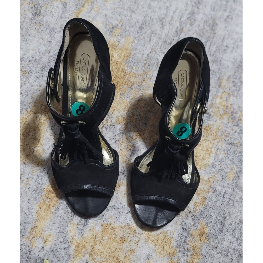 Coach Women's Tristen‎ Black Suede Tassel Peep Toe Heel Pumps Size 8 B